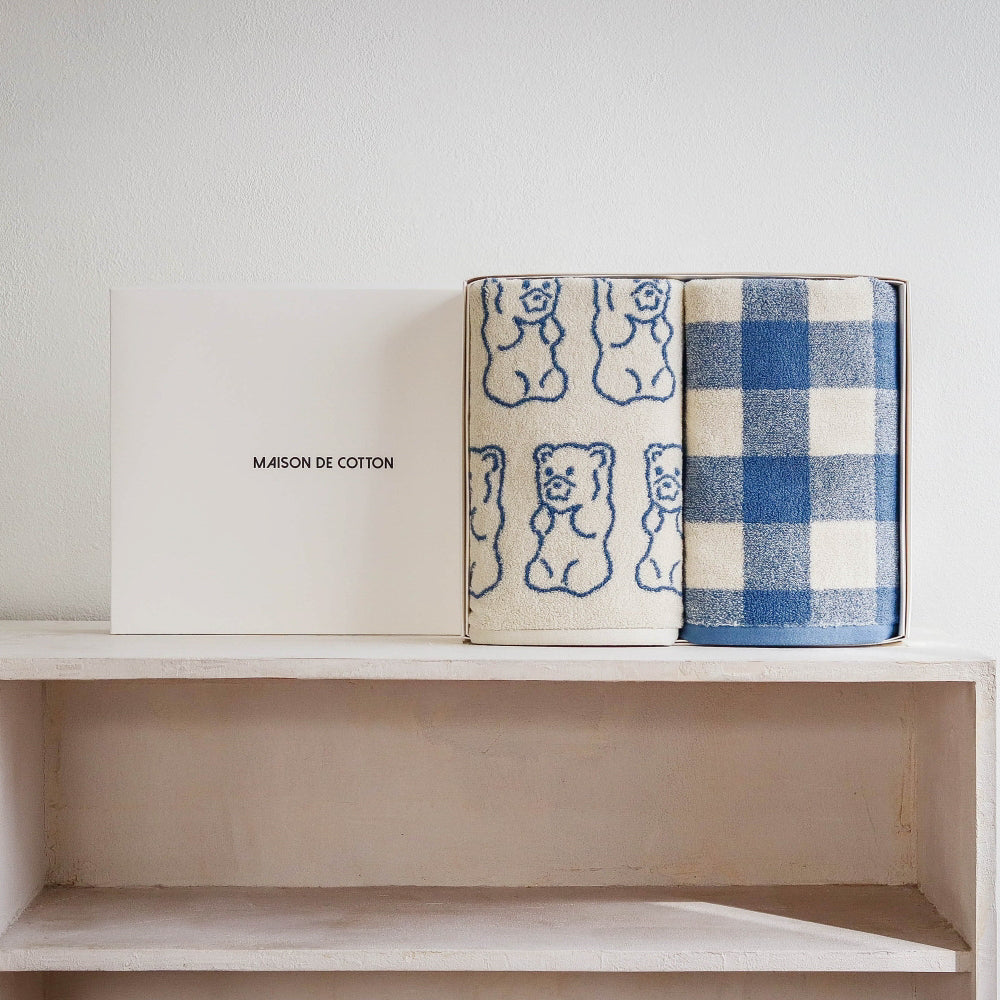 blue bath towel gift set in signature gift box by Maison de Cotton