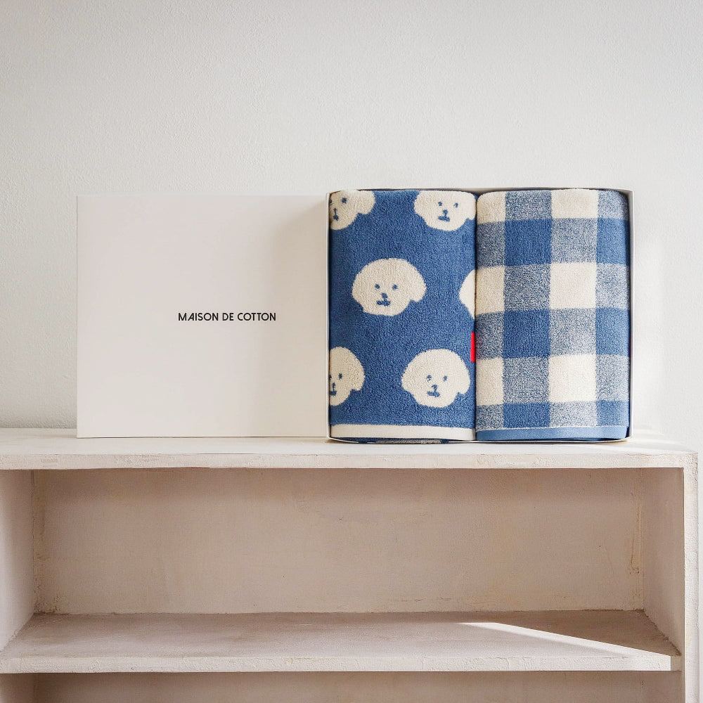 blue bath towel gift set in signature gift box by Maison de Cotton