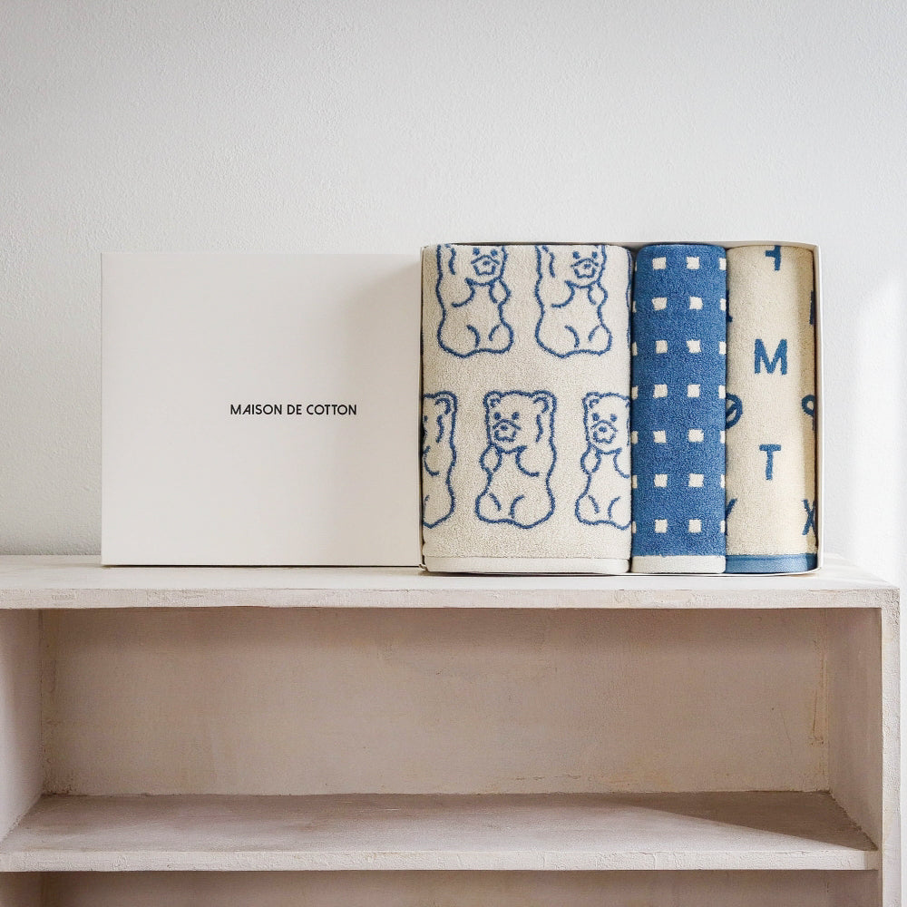 blue bath and hand towel gift set in signature gift box by Maison de Cotton