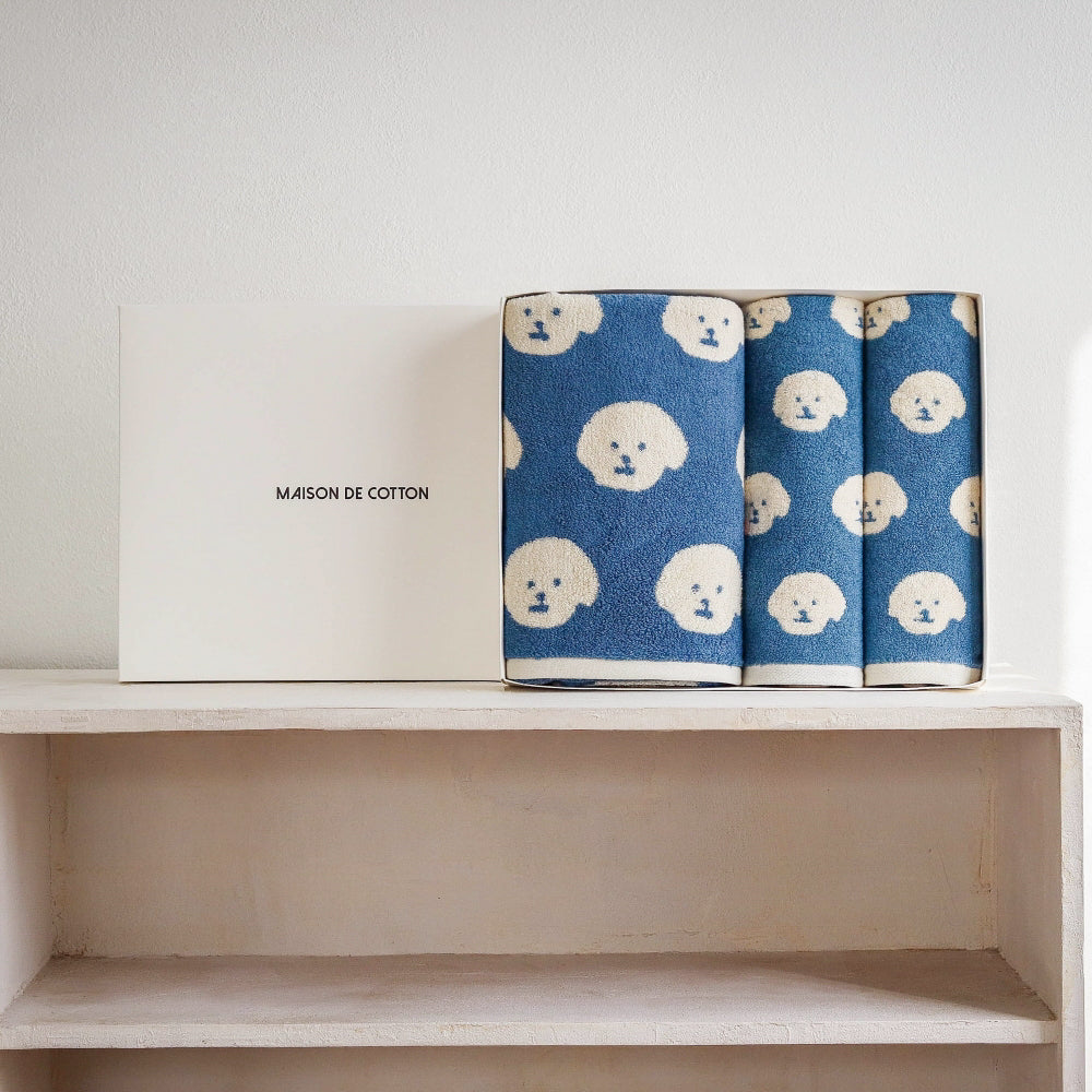 blue bath and hand towel gift set in signature gift box by Maison de Cotton