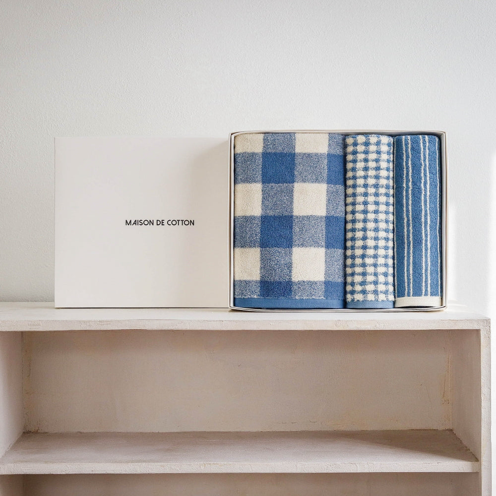 blue bath and hand towel gift set in signature gift box by Maison de Cotton
