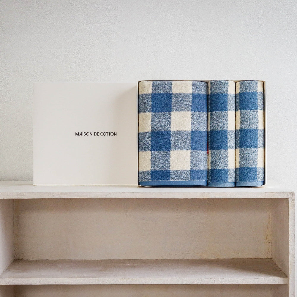 blue bath and hand towel gift set in signature gift box by Maison de Cotton