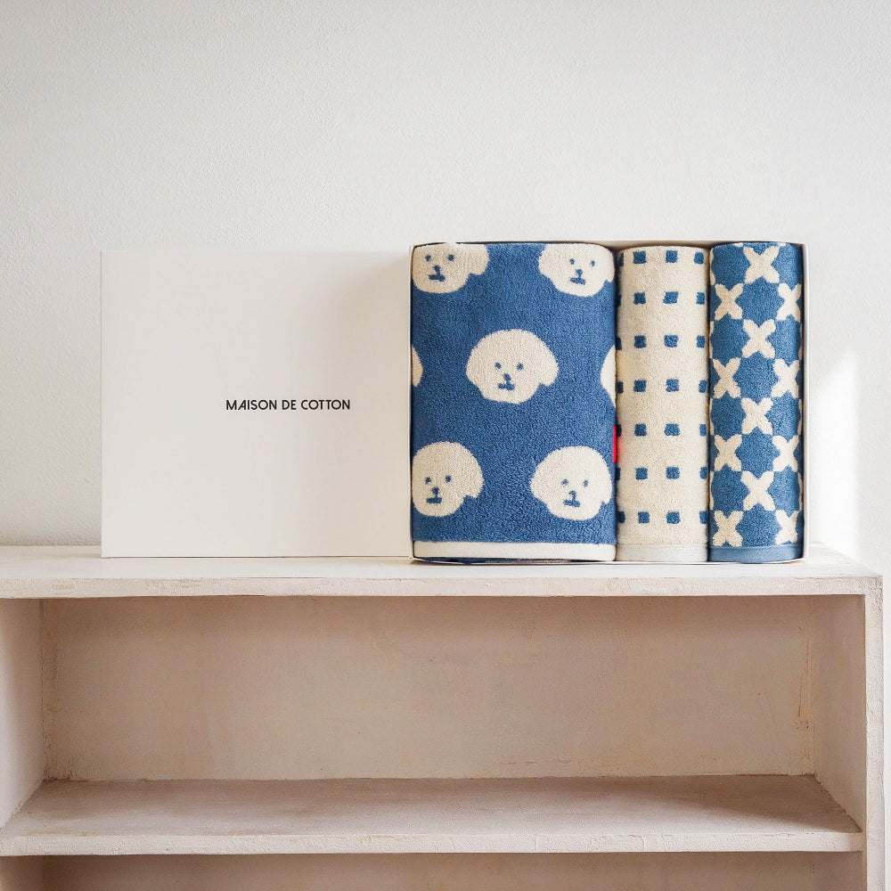 blue bath and hand towel gift set in signature gift box by Maison de Cotton